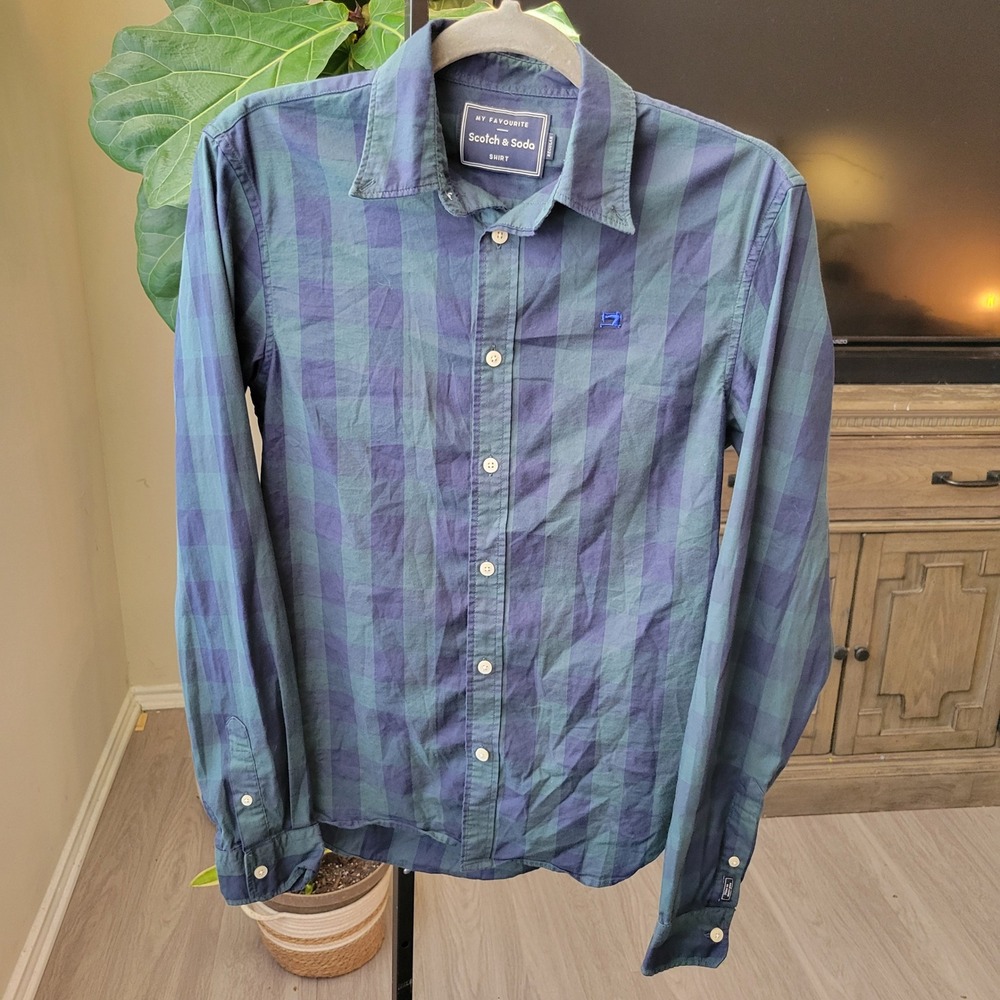 Scotch & Soda Mens Regular Fit Plaid Button Down Shirt Green Blue Size S